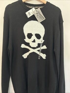 NWT Retrofit Mens Black Crewneck Sweater with White Skull And Crossbones Graphic